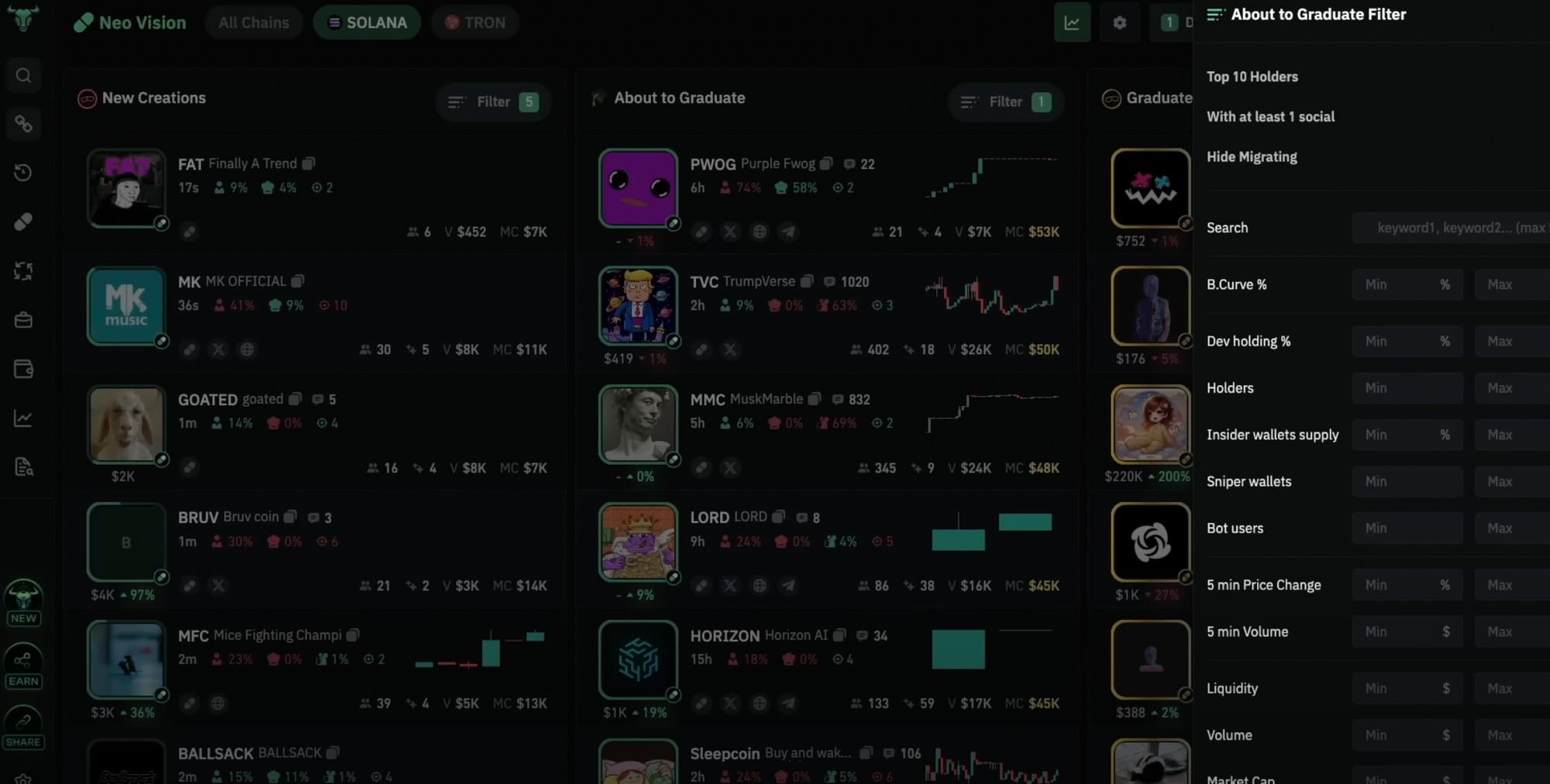 BullX NEO search result filters while using Vision