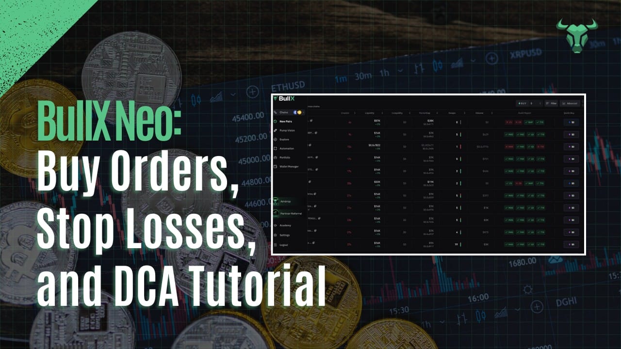 A screenshot from BullX NEO metrics and information like Buy Orders, Stop Losses, and DCA